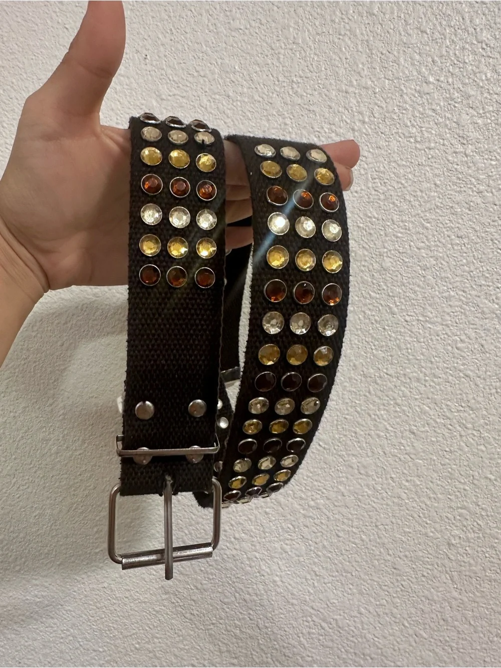 Studded Brown Canvas Belt with Amber and Clear Gems